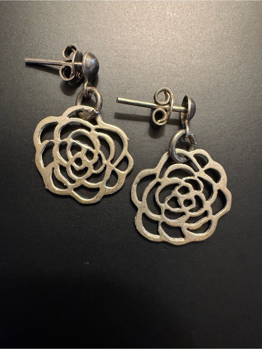 Sterling Silver Openwork Rose Floral Dangle Earrings